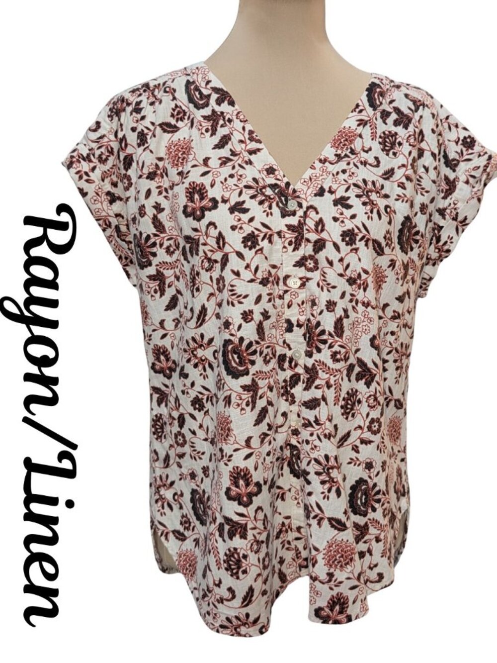 LOFT Floral Linen Rayon Blend Short Sleeve Button V-Neck Top